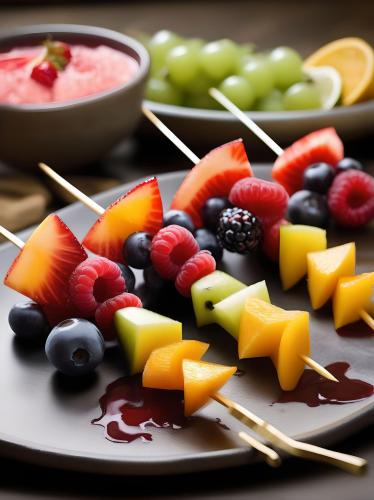 Fruit kebabs cooked on a plancha